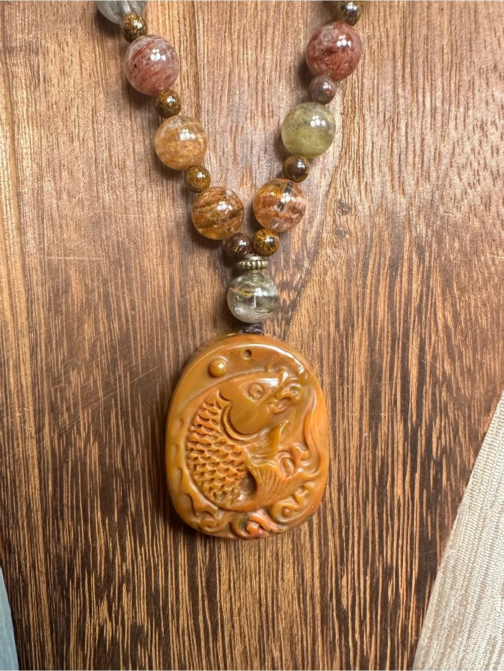 Natural Agate Fish Carving Pendant Necklace on Adjustable Brown Rope